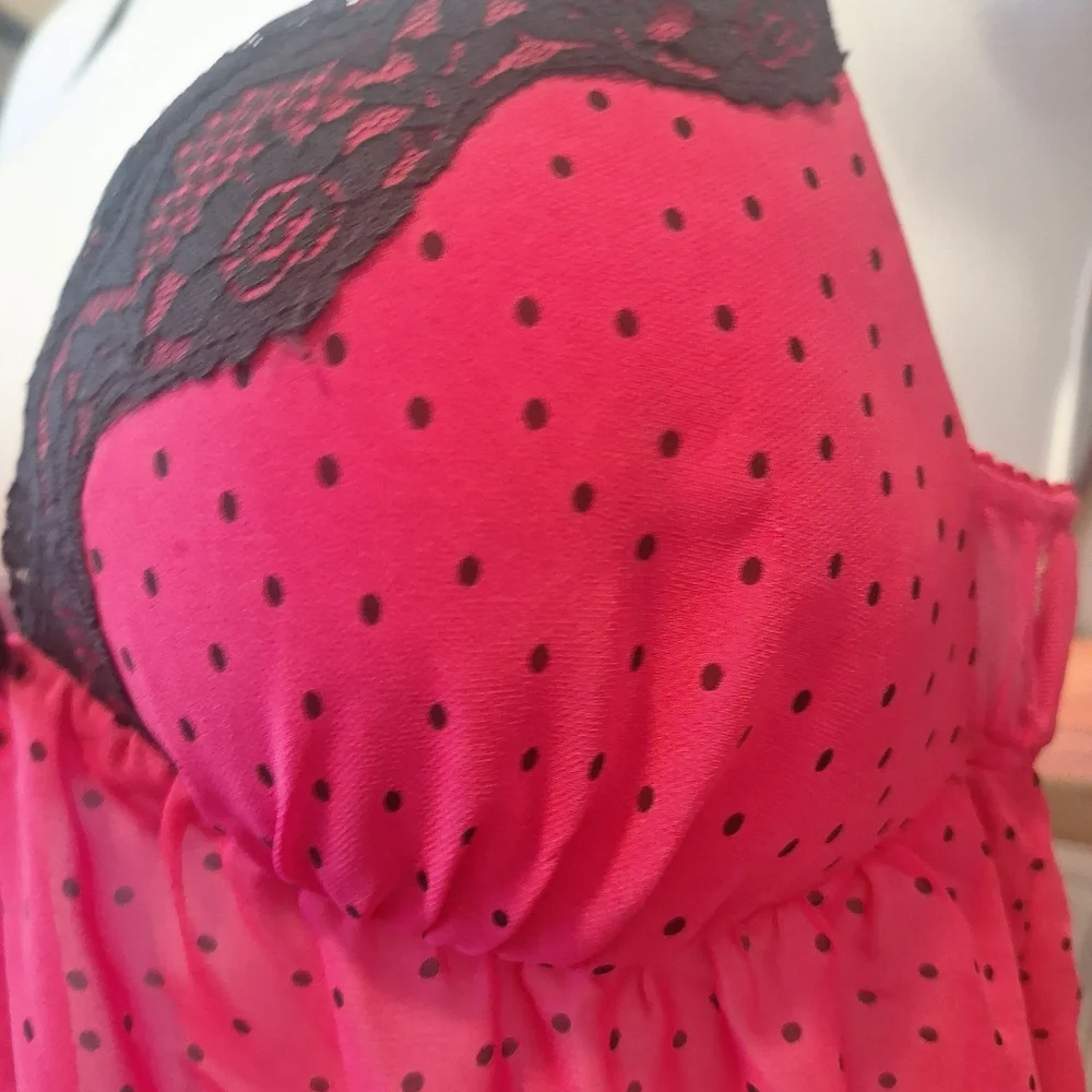 Chic Pink Polka Dot Chemise with Lace Detail Small. Valentines Day